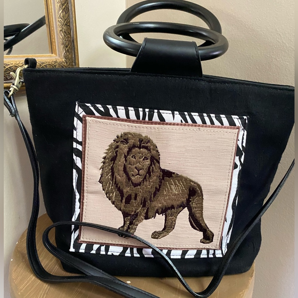 Black Lion Appliqué Canvas Tote Bag